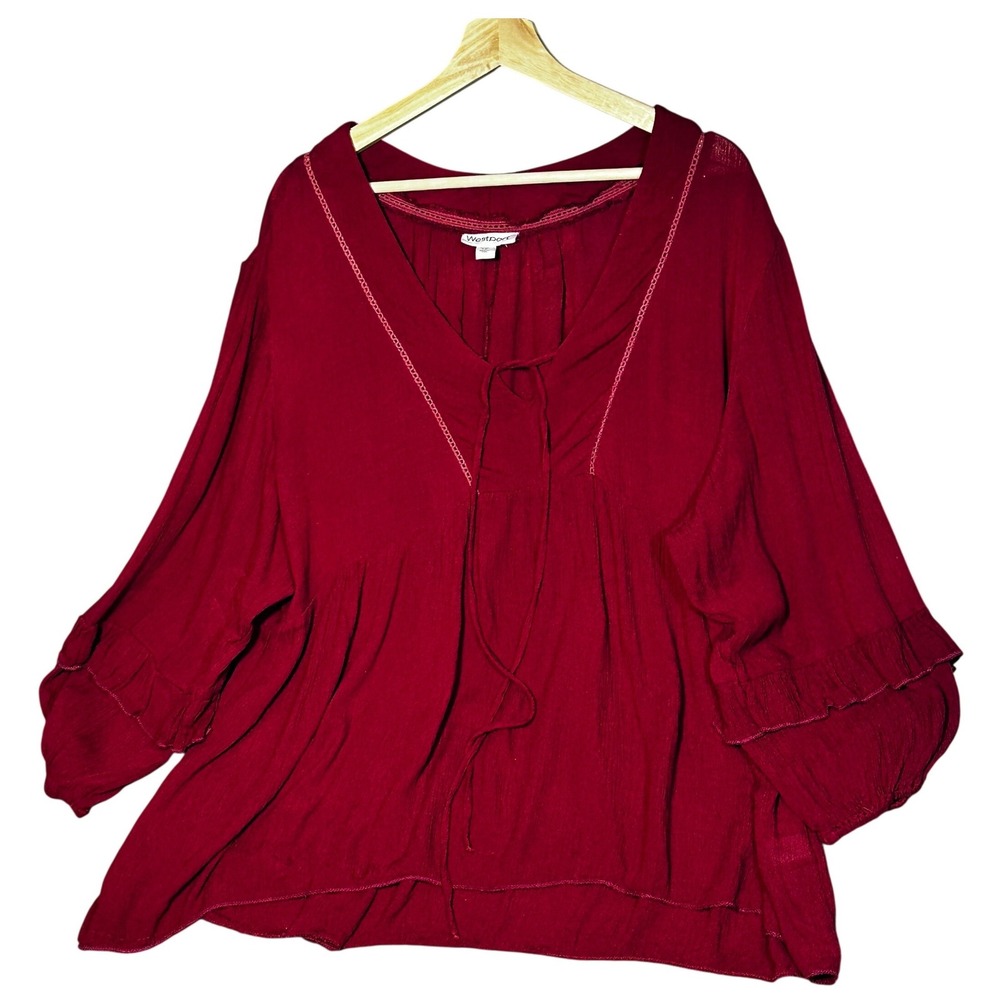 Westport Women's 1X Red Boho Red Peasant Blouse Tie Neck Ruffle Sleeve Comfort - Picture 2 of 16